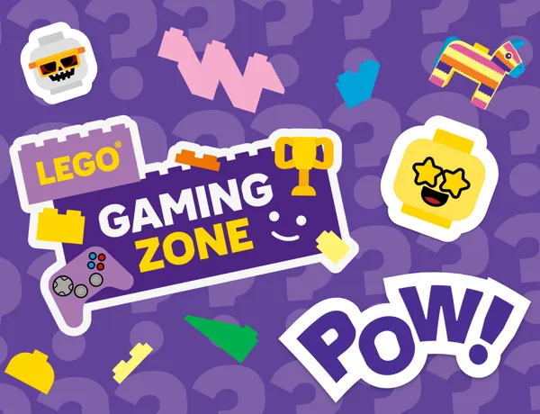 LEGO Festival Gaming Zone Bild mit LEGO Kopf, Controller-Symbolen und dem Wort POW auf einem lila Hintergrund